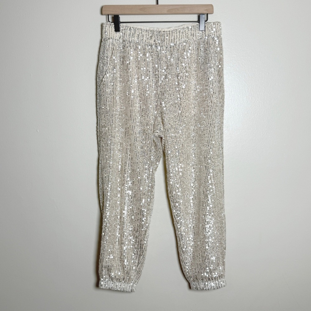 Loft NEW Champagne Sequin Joggers Silver Metallic Party Pants M Petite Event